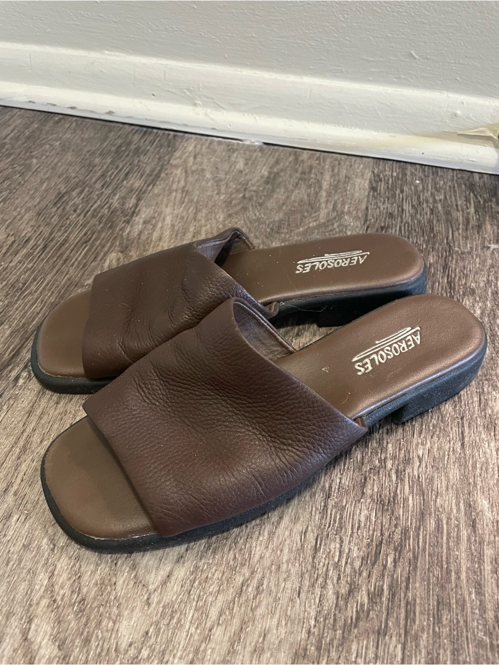 AEROSOLES Dark Brown Leather Slide Sandals for Women